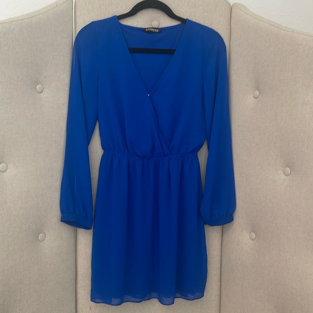 Express Blue Long Sleeve V Neck Elastic Waist Faux Wrap Dress XS